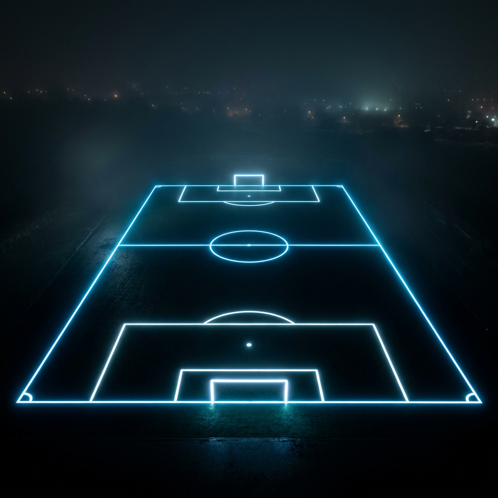 Chelsea vs Tottenham tactical analysis illustration: glowing blue tactical formation lines on an empty pitch at night